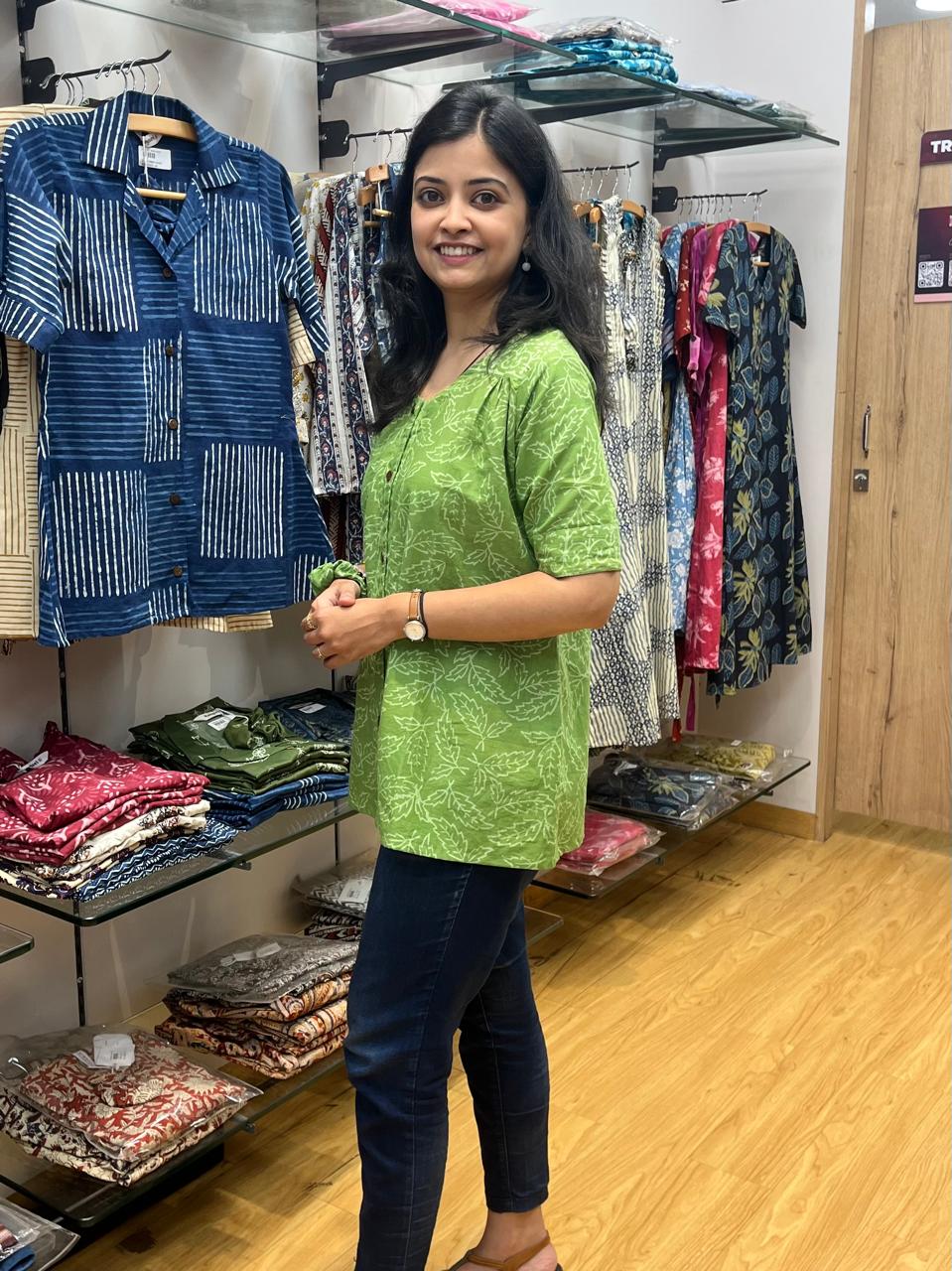 Handblock Printed Shirt - Green - Image 3